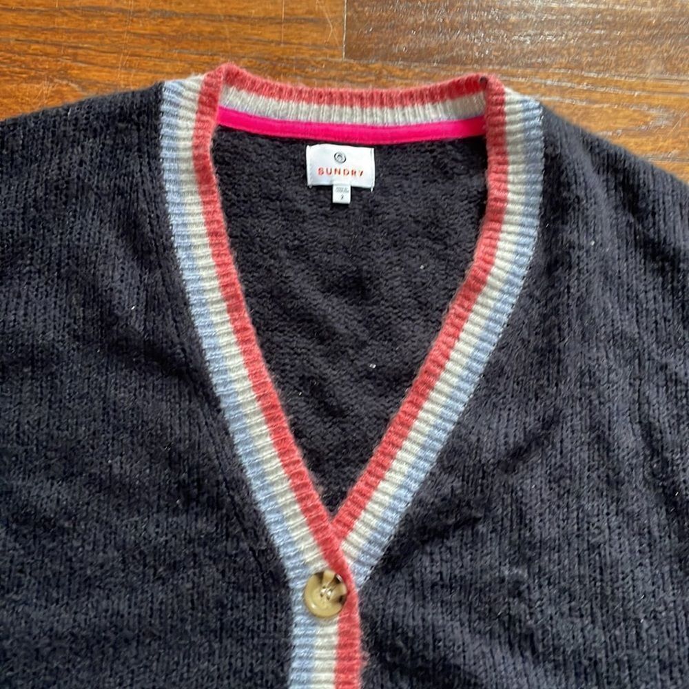 Sundry Contrast Stripe Cardigan Tennis Varsity Preppy Navy Wool Cashmere - Picture 3 of 8